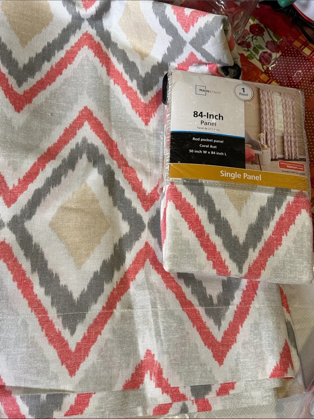 NWT Mainstays 84-Inch Coral Ikat Rod Pocket Panel - Coral, Gray, Beige on White